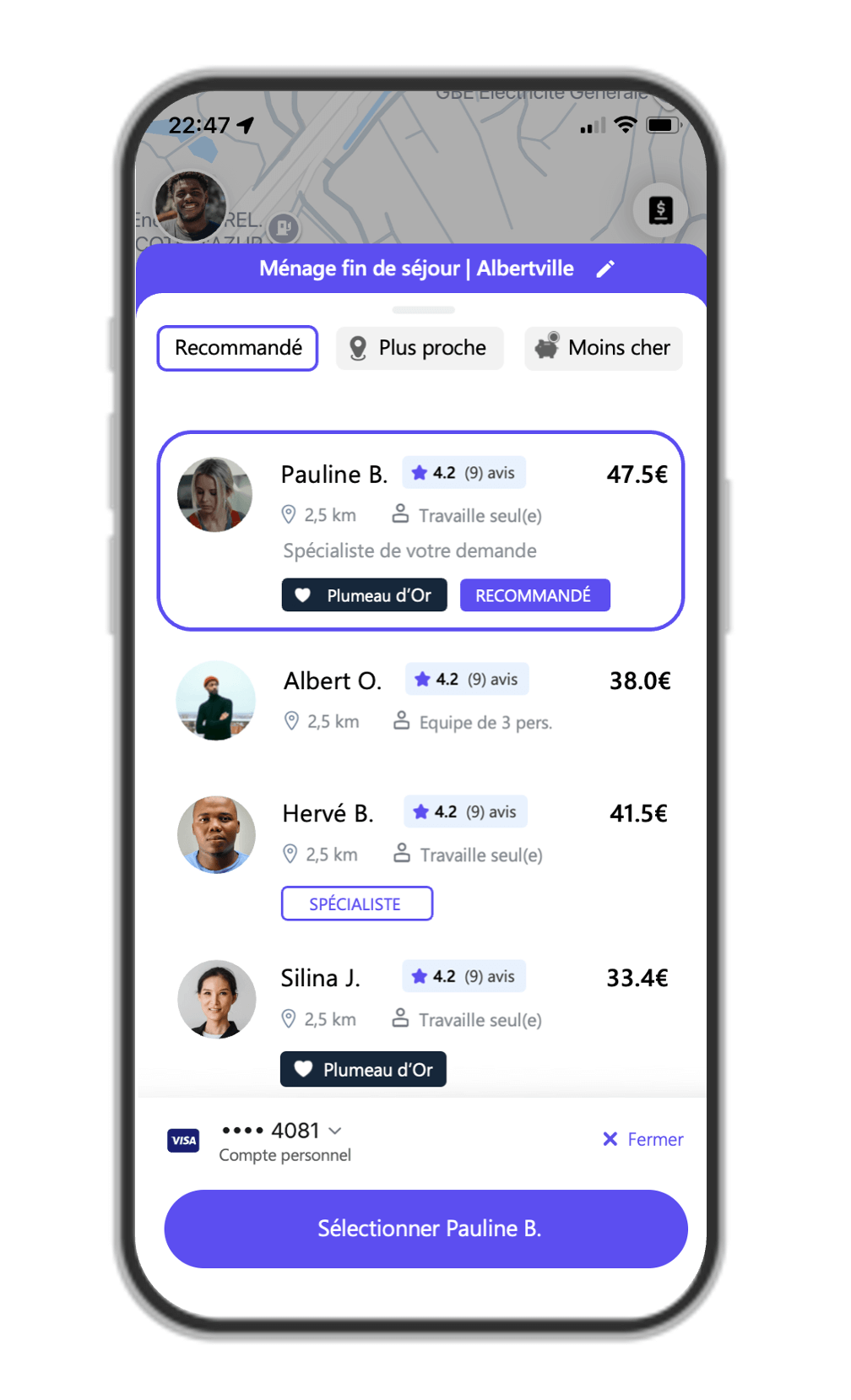 Capture de l’app Neatik – liste des prestataires et sélection